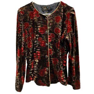 R&K Evening Womens Jacket Size Large Red Black Floral Velvet Holiday Whimsygoth